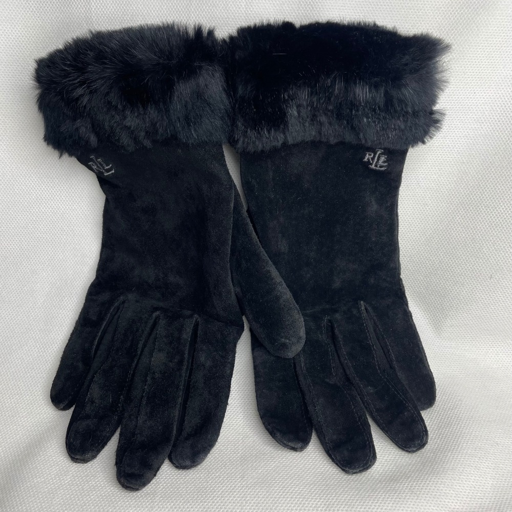 Lauren Ralph Lauren Rabbit Fur & Leather Winter Driving Gloves Size Large Black